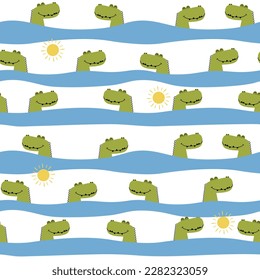 Seamless cute cartoon crocodile head with strip