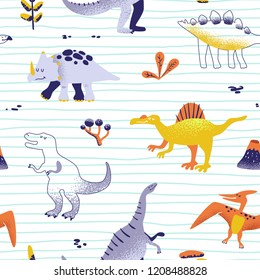 Seamless cute cartoon dinosaurs pattern. Vector baby dino background texture. Backdrop for textile, fabric, wallpaper print