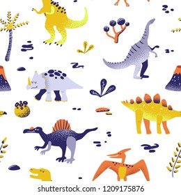 Patrón de los dinosaurios de dibujos animados sin encanto. Textura de fondo de dino de bebé vector. Fondo para impresión textil, de tela, de papel pintado