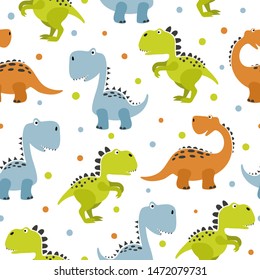 Seamless cute cartoon dinosaurs pattern. Vector colorful dino background