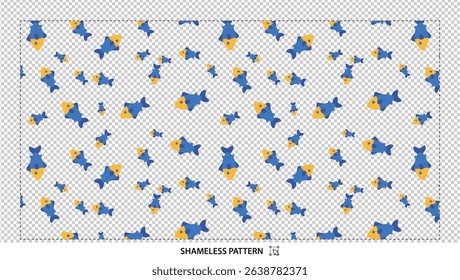 Seamless cute cartoon fish pattern with blue and yellow ocean animals on transparent background