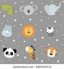 Seamless cute cartoon head animals. Nursery print