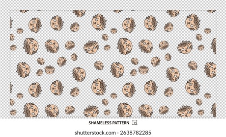 Seamless cute cartoon hedgehog faces pattern with adorable forest animals on transparent background
