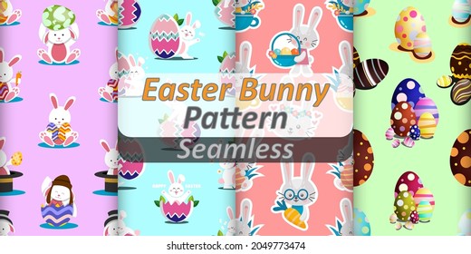 Seamless Cute Cartoon Illustration Easter Bunny Pattern in Pastel Colored Background. Fit For kids toys,wallpaper, background, Props Etc. 