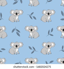 Seamless cute cartoon koala bears pattern. Vector illustration for kids.	