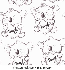 Seamless Cute Cartoon Koala holding heart Sweety Pattern Vector black and white