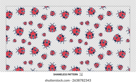 Seamless cute cartoon ladybug pattern with red insects on transparent background
