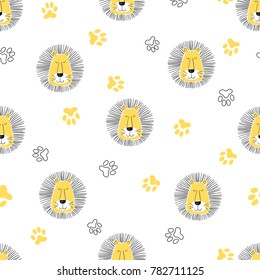 Seamless cute cartoon lion pattern. Vector illustration