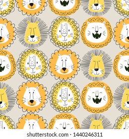 Seamless cute cartoon lions pattern. Baby print.