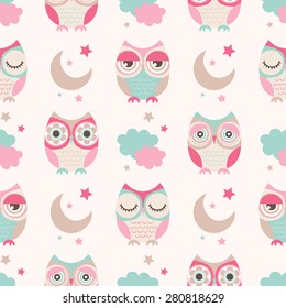 seamless cute cartoon owls birds pattern background