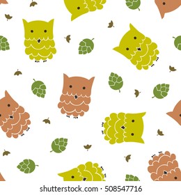 Seamless cute cartoon owls birds pattern. Vector background with forest owls and pine cones.