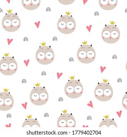 Seamless cute cartoon owls pattern. Vector illustration background