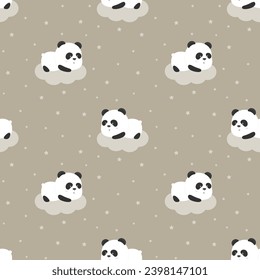 Seamless cute cartoon panda sleep on cloudy with stars 