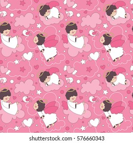 Seamless cute cartoon pattern with angels, baby, kid, children, wings, cloud, sky, heart, wallpaper, decoration, valentine's day pink