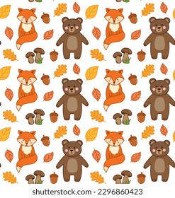 Seamless cute cartoon pattern with fox, bear, leaves, mushrooms and acorns. Autumn vector background
