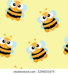 Seamless cute cartoon pattern with simple bees with wings and antennae on a yellow background. Seamless background with cute round bees for baby card or banner