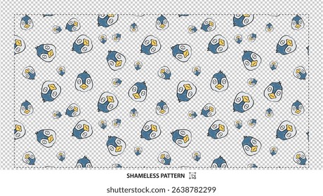 Seamless cute cartoon penguin faces pattern with playful birds on transparent background