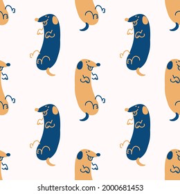 Seamless cute cartoon pet dog doodle pattern. Whimsical minimal 2 tone gender neutral color. Kids nursery wallpaper or whimsical character fashion all over print.