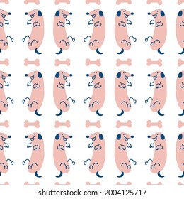 Seamless cute cartoon pet dog doodle pattern. Whimsical minimal 2 tone gender neutral color. Kids nursery wallpaper or whimsical character fashion all over print.