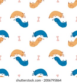 Seamless cute cartoon pet dog doodle pattern. Whimsical minimal 2 tone gender neutral color. Kids nursery wallpaper or whimsical character fashion all over print.