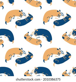 Seamless cute cartoon pet dog doodle pattern. Whimsical minimal 2 tone gender neutral color. Kids nursery wallpaper or whimsical character fashion all over print.