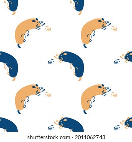 Seamless cute cartoon pet dog doodle pattern. Whimsical minimal 2 tone gender neutral color. Kids nursery wallpaper or whimsical character fashion all over print.