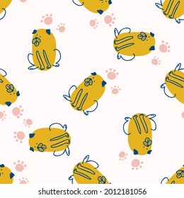 Seamless cute cartoon pet dog doodle pattern. Whimsical minimal 2 tone gender neutral color. Kids nursery wallpaper or whimsical character fashion all over print.