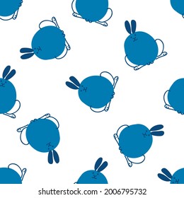 Seamless cute cartoon pet rabbit doodle pattern. Whimsical minimal 2 tone gender neutral color. Kids nursery wallpaper or whimsical character fashion all over print.