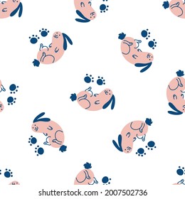 Seamless cute cartoon pet rabbit doodle pattern. Whimsical minimal 2 tone gender neutral color. Kids nursery wallpaper or whimsical character fashion all over print.