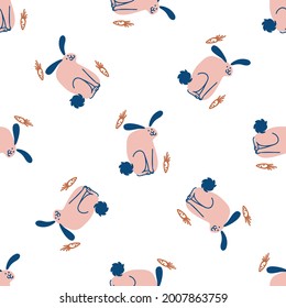 Seamless cute cartoon pet rabbit doodle pattern. Whimsical minimal 2 tone gender neutral color. Kids nursery wallpaper or whimsical character fashion all over print.