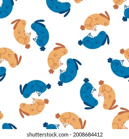 Nahtlose süße Cartoon Haustier Kaninchen-Doodle-Muster. Whimsical minimale 2 Töne geschlechtsneutrale Farbe. Kinder Kindermädchen oder skurrile Charaktermode auf dem ganzen Druck.