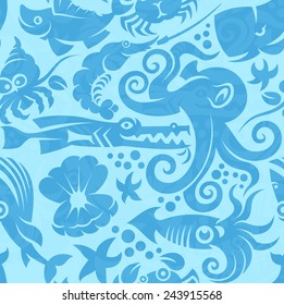 seamless cute cartoon sea creature pattern vector illustration