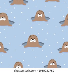 Seamless cute cartoon seals pattern. Vector background for kids with funny marine animals.