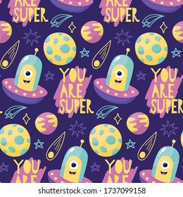 Seamless cute cartoon space pattern with spaceship, UFO, planets, stars, moon, comet, Saturn, constellation