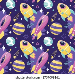 Seamless cute cartoon space pattern with spaceship, UFO, planets, stars, moon, comet, Saturn, constellation
