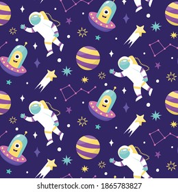 Seamless cute cartoon space pattern with astronaut, spaceship, UFO, planets, stars, moon, comet, constellation