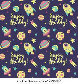 Seamless cute cartoon space pattern with spaceship, UFO, planet, cloud, moon, comet
