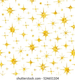 Seamless cute cartoon stars pattern with golden texture, hand drawn vector illustration