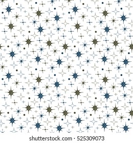 Seamless cute cartoon stars texture, hand drawn seamless pattern of doodle Bethlehem stars, sparks, twinkles, vector illustration