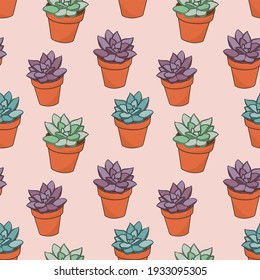 Seamless Cute Cartoon Succulent Plant In Pot Pattern For Girl And Kids Fabric Or Wallpaper 