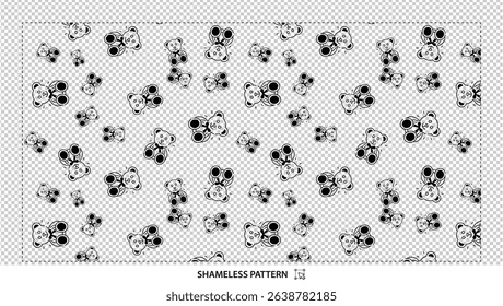 Seamless cute cartoon teddy bear outline pattern with playful animal toys on transparent background