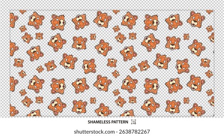 Seamless cute cartoon tiger faces pattern with playful animal illustration on transparent background