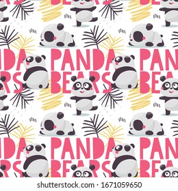 Seamless cute cartoon vector pattern with Panda Bears and plants