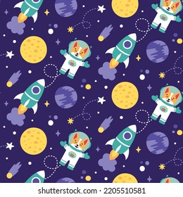 Seamless cute cartoon vector space pattern with astronaut, corgi, spaceship, planets, stars, moon, comet, constellation