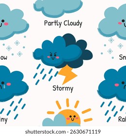 Seamless cute cartoon weather pattern with smiling icons – sun, clouds, rain, snow, and storm. Perfect for kids’ products and playful designs.