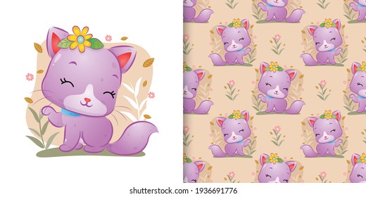 La impecable fisonomía del gato lindo con las flores sentadas en el jardín con el fondo floral de la ilustración