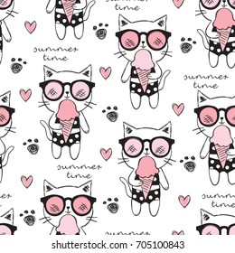 seamless cute cat with ice cream pattern vector illustration