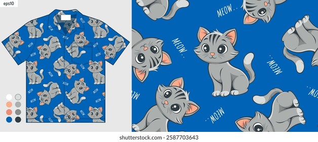 Seamless cute cat and kitten pattern for kids clothing, pajamas, and cartoon fashion trend. artwork vector design for fashion mockup and textile printing. High quality illustration, not AI generated.