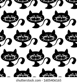 Seamless cute cat pattern in cartoon style. Template for print design. Wallpaper texture. Seamless background pattern.  Color in the image: black, white.