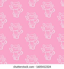 Seamless cute cat pattern in cartoon style. Template for print design. Wallpaper texture. Seamless background pattern.  Color in the image: pink, white. Vector.